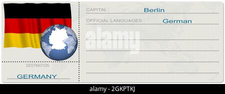 3D-Illustration. Deutschland. Ziel. Ticket. Bordkarte. Isoliert auf weißem Hintergrund. Stockfoto