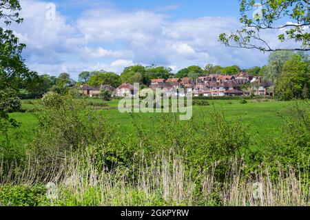 Wohnimmobilien über Felder aus dem Fluss in Arundel, West Sussex, England, Großbritannien. Stockfoto