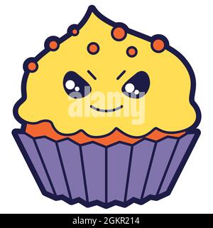 Illustration von Cupcake im Cartoon-Stil. Fröhliche Halloween wütend Charakter. Stock Vektor