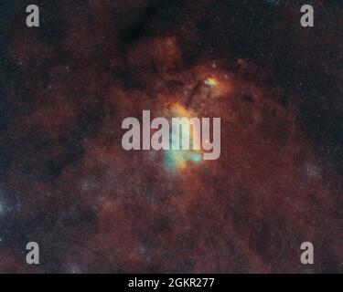 Garnelennebel, auch IC 4628 genannt, ist ein Emissionsnebel, der sich im Schützenarm der Milchstraße befindet. Stockfoto