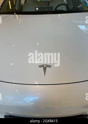 Metallisch-weißes Tesla Model 3 in der Goldenen Halle von Athen. Produziert vom amerikanischen Automobilhersteller Tesla, Hauptaktionär Elon Musk . Stockfoto