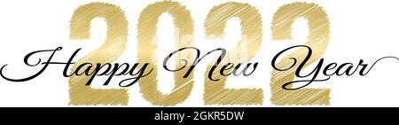 Goldfarbener Handschriftzug mit der Nummer 2022. Schwarze Textnachricht mit „Happy New Year“-Skript. Pinsel-Effekt, Frohe Weihnachten Vektor-Stock Illustration. Stock Vektor