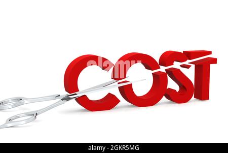 Scissor Cut the Cost Word, 3D-Rendering Stockfoto