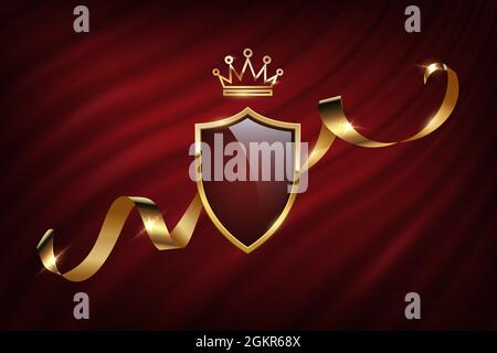 Königliche Wappentier auf Vorhang Vektor-Illustration. Realistisches 3d Vintage mittelalterliches Blazon aus Metall Schild mit goldenem Rahmen, goldener Krone, Band auf Stock Vektor