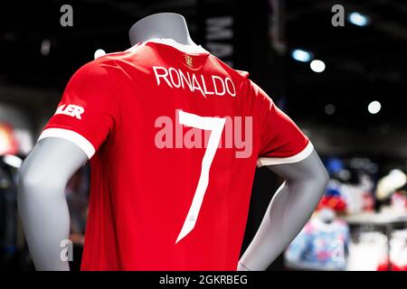 Nahaufnahme des Manchester United Trikots mit Ronaldo 7 Aufdruck. Stockfoto