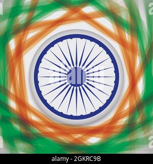 Abstraktes Design mit Knopf und Ashoka Chakra-Rad im Inneren, mit Wellen in den Farben der indischen Flagge. Stock Vektor