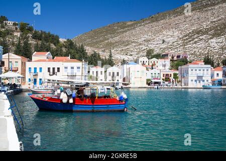 Boote in Hafen, Kastellorizo (Megisti) Insel, Dodekanes Gruppe, Griechische Inseln, Griechenland, Europa Stockfoto