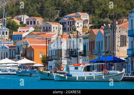 Boote in Hafen, Kastellorizo (Megisti) Insel, Dodekanes Gruppe, Griechische Inseln, Griechenland, Europa Stockfoto