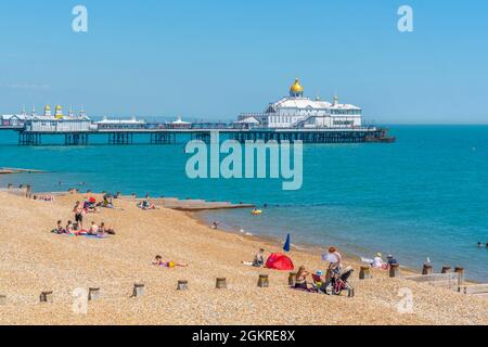 Blick auf Eastbourne Pier und Strand im Sommer, Eastbourne, East Sussex, England, Großbritannien, Europa Stockfoto