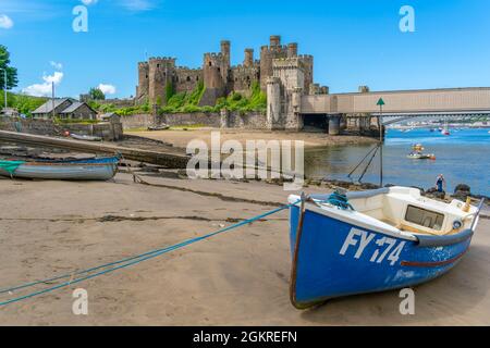 Blick auf Conwy Castle, UNESCO-Weltkulturerbe, und Boote an der Küste, Conwy, Conway County Borough, Wales, Vereinigtes Königreich, Europa Stockfoto