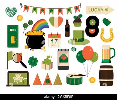 Ein großer Satz flacher Symbole für den St. Patrick s Day Ein Satz von Illustrationen für eine Party, Einladung, Postkarte oder Banner. Vektorclipart mit Bildern von Stock Vektor