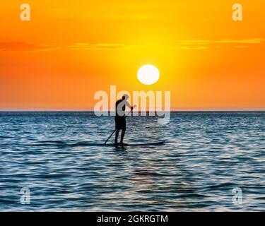 Ein Mann paddelt ein Stand-up-Paddleboard auf dem Meer, von der untergehenden Sonne silhouetted, Westward Ho!, Devon, Großbritannien Stockfoto