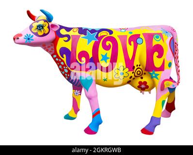 Psychedelisch-kuhige Illustration, aus einem lebensgroßen Modell in East London, Großbritannien, isoliert auf weißem Hintergrund, mit Schnittpfad Stockfoto