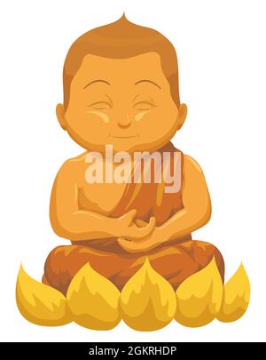 Goldene Statue von Buddha in sitzender und meditierender Haltung über Lotusblume, im Cartoon-Stil. Stock Vektor