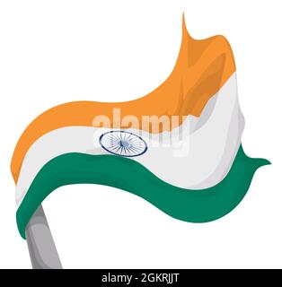 Blick auf die winkende indische Flagge und den Fahnenmast im niedrigen Winkel, isoliert auf weißem Hintergrund. Stock Vektor