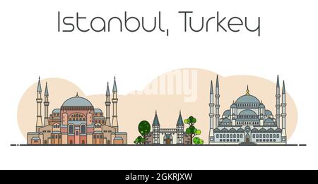 Flache Vektorlinie Illustration von Istanbul, Türkei Stadtbild. Berühmte Wahrzeichen, Sehenswürdigkeiten der Stadt und Design-Ikonen auf abstraktem weiß-beigem Hintergrund Stock Vektor