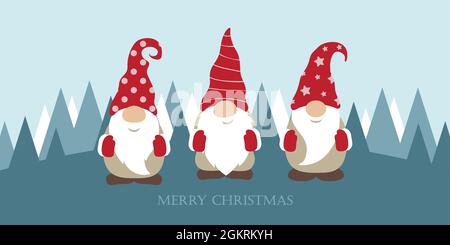 Drei niedliche weihnachtsgnome mit lustigen Mützen Stock Vektor