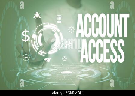 Schreiben mit dem Text „Kontozugriff“. Wort für die Erlaubnis, bestimmte Daten auf einem Computer verwenden Lady in Uniform Holding Tablet in der Hand Stockfoto