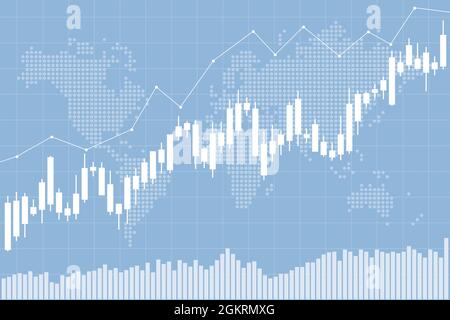 Investitionshintergrund. Candlestick-Charts für die Börse mit Dot-Weltkarte im Hintergrund. Konzeptioneller Hintergrund der Aktienmärkte. Stock Vektor