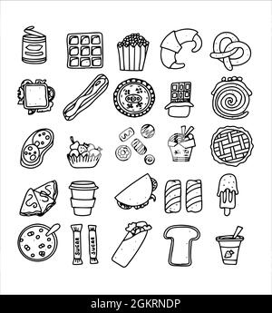 Doodle Food Set von Fast-Food-Produkten. Handgezeichnete Süßigkeiten, Desserts, Snacks, Popcorn, amerikanische Speisen und englisches Frühstück. Ein großer Satz von Cartoon-Essen Stock Vektor