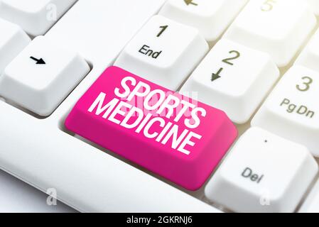 Schild mit Sportmedizin. Wort geschrieben über die Behandlung und Prävention von Verletzungen im Zusammenhang mit Sport Angebot Speed Typing Lektionen und Tipps Stockfoto