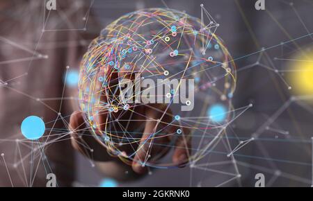 3d-Rendering eines abstrakten globalen Netzwerkschemas auf einem grauen Hintergrund mit berührenden Fingern Stockfoto