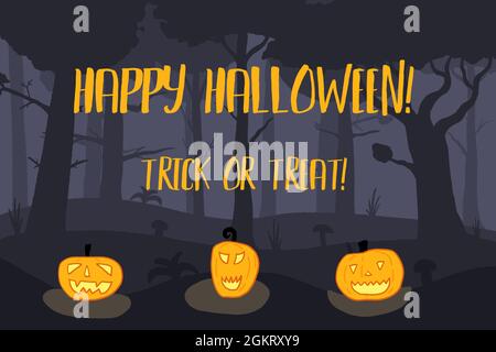 Happy Halloween-Karte. Halloween Wald gruselige Szene. Vektor Halloween Kürbisse. Stock Vektor