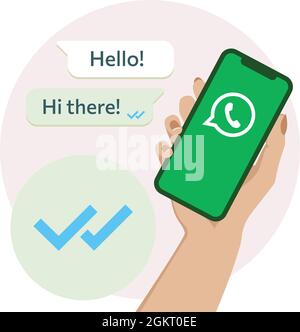 Hand einer Frau, die Smartphones mit dem Whatsapp-Chat-Bildschirm hält. Konzept überprüfen. Vektorgrafik. Flache Farben. Stock Vektor