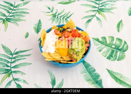 Klassisches Rezept aus Nachos mit Guacamole, geschmorten schwarzen Bohnen, Cheddar und Frischkäse, Maischips und Guacamole mit Pico de gallo Stockfoto