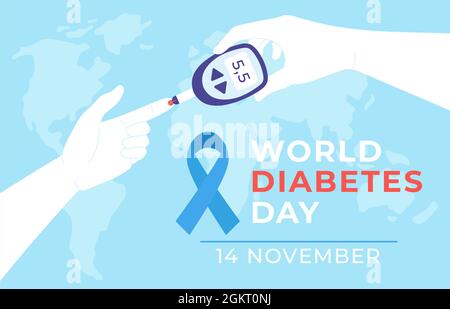 Weltdiabetestag. Diabet-Borreliose-Poster mit Händen halten Glucometer und messen Blutzuckerspiegel-Test, blaues Band und Karte, Vektor-Banner Stock Vektor