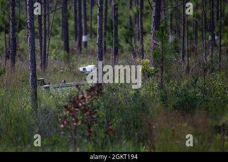 US-Marineinfanteristen mit 1. Bataillon, 2d Marine Regiment (1/2), 2D Marine Division, Proben die Manövrierung eines Expeditionary Modular Autonomous Vehicle (EMAV) während einer Trainingsveranstaltung auf Camp Lejeune, N.C., 24. Juni 2021. Ziel dieser Schulung ist es, einem unterstützten Kommandanten der Einheit elektronische Kriegsdienste zu leisten. Der EMAV ist ein hochmobiles und vollständig autonomes Bodenfahrzeug mit einer Nutzlast von 7,200 Pfund. Stockfoto