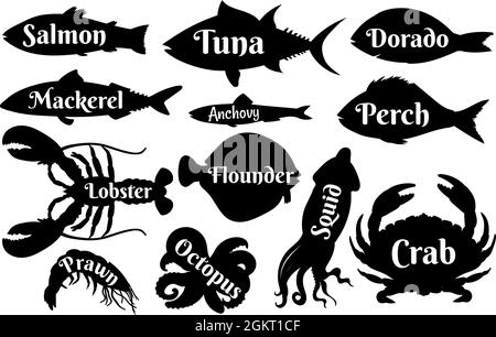 Silhouetten von Fisch und Meeresfrüchten für Vintage-Logos oder Etiketten-Ikonen. Lachs, Thunfisch, dorado und Hummer, Garnelen und Tintenfisch. Vektor-Set für Meernahrung Stock Vektor