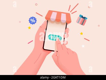Hand halten Handy mit Shop App. Online-Shopping-Konzept. Vektorgrafik Stock Vektor