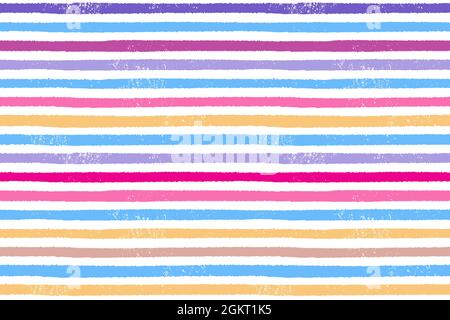 Handgezeichnetes, einfaches Streifenmuster. Nahtloser Vektor farbenfroher Hintergrund. Bunte horizontale blaue, rosa und violette Streifen auf Weiß gemalt. Stock Vektor