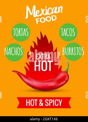 Rote Chilischote mexikanische Küche Hot Taco, Vektor würziges Restaurant-Design. Chili Pepper mexikanische Küche Stock Vektor