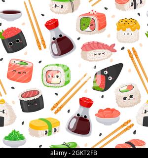 Cartoon kawaii Sushi emoji Charakter nahtlose Muster. Süßes japanisches Essen, Reisrolle mit Lachs, Onigiri, Sojasauce. Sashimi-Vektorstruktur Stock Vektor