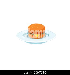 Flacher Cartoon-Burger auf dem Teller, Fast-Food-Diät und gesunde Ernährung Vektor Illustration Konzept Stock Vektor