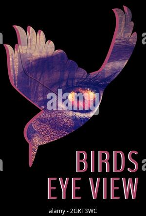Vogelperspektive Text gegen Auge deiign über Vogel-Symbol vor schwarzem Hintergrund Stockfoto