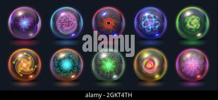Realistische magische Energiekugeln mit Feuer-, Licht- und Blitzeffekten. Glühender Machtorb mit Plazma-Burst. Fantasy Kristall Kugel Vektor-Set Stock Vektor