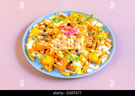 Teller mit Kartoffeln und Süßkartoffeln Pommes mit Linien von Cheddar-Käse und Frischkäse mit lila Debolla und grünen Sprossen von Gemüse auf blasse Nadel Stockfoto