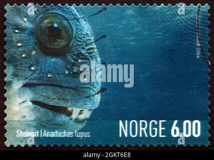 NORWEGEN - UM 2004: Eine in Norwegen gedruckte Marke zeigt Atlantischen Wolffisch, Anarhichas Lupus, Fisch, Meeresleben, um 2004 Stockfoto