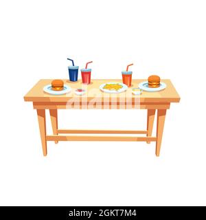 Flacher Cartoon-Tisch mit Plastikbechern, verschiedenen Saucen, pommes frites und Burgern auf Tellern, Fast-Food-Ernährung und gesunder Ernährung Vektor-Illustration-Konzept Stock Vektor