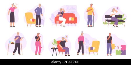 Ältere Menschen, Gelenkerkrankungen, Gesundheitsprobleme, alzheimer und Demenz. Ältere Menschen mit Herzschmerzen, Gedächtnisverlust, Hörverlust und Sehverlust Stock Vektor