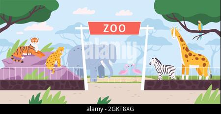 Cartoon Zoo Park Eingangstor mit Savanne und Dschungel Tiere. Flache Safari-Landschaft mit Zebra, afrikanischen Elefanten und Giraffen Vektorszene Stock Vektor