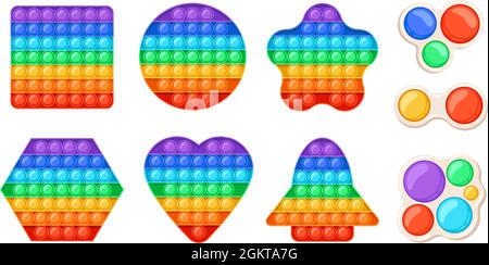 Trendige entspannende Fidget Spielzeug Pop it und einfache Grübchen. Cartoon sensorische Blase knallendes Spielzeug für Kinder. Rainbow Antistress Spiel Formen Vektor-Set Stock Vektor