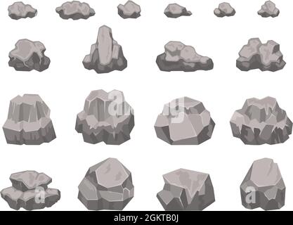 Cartoon-Steine, Felsen, Felsbrocken, Schutt und Kiesstücke. Natürliches Granitbaumaterial. Felsschutt, Landschaftselemente Vektorset Stock Vektor