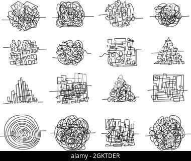 Chaos Linie Scribbles und zufällig verworrene Labyrinthformen. Pen Doodle Konzept von chaotischen Gedanken, komplizierte Problem und verwirrt Geist Vektor-Set Stock Vektor