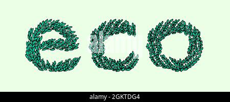 Handgezeichnete Öko-Buchstaben mit Laub. Vektordarstellung im Doodle-Stil. Stock Vektor