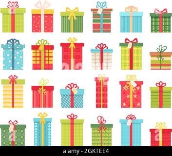 Flache Geschenkboxen mit Schleifchen, Geschenke zum Geburtstag oder zu weihnachten. Cartoon-Verpackung Verpackung Designs. Winter Urlaub Dekoration Vektor-Set Stock Vektor