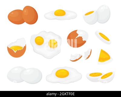 Cartoon rohe, gebrochene gekochte und gebratene Hühnereier mit Eigelb. Frisches Ei in Scheiben, gesprungene Eierschale. Gekochte Eier für Frühstück Vektor-Set Stock Vektor